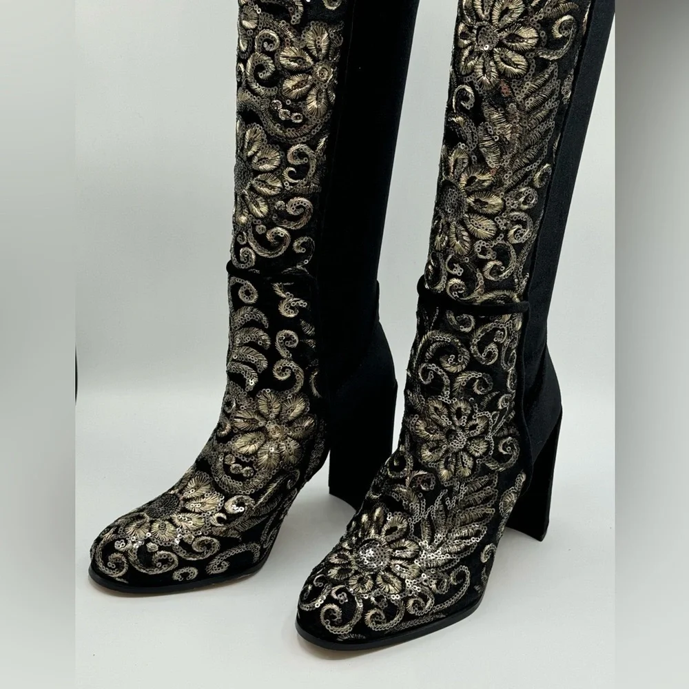 NWT Stuart Weitzman Black Alljil Knee High Sequin-embroidered Velvet Boots Sz 6